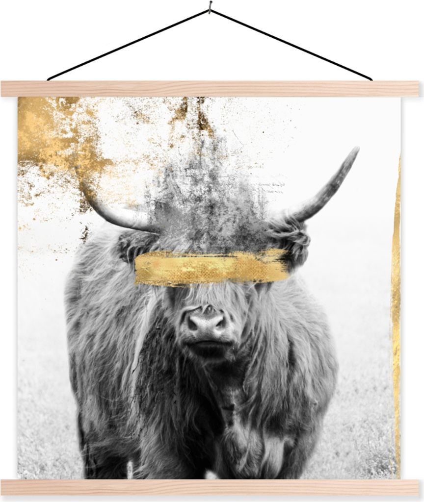 MuchoWow Textilposter Schottisches Hochlandrind - Gold - Farbe 120x120 cm mit holzfarbenen Rahmen - Textil-Poster
