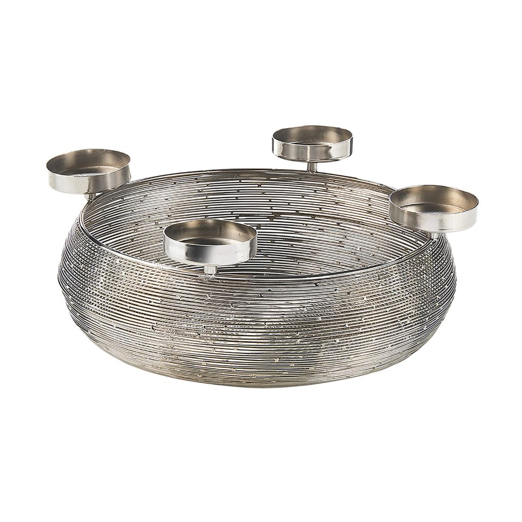 Kobolo Dekokranz Adventskranz aus Metall in silber mit Schale für 4 Kerzen - Dekoration Candle Home Einrichtung Wohnzimmer Esszimmer Büro Tischdeko