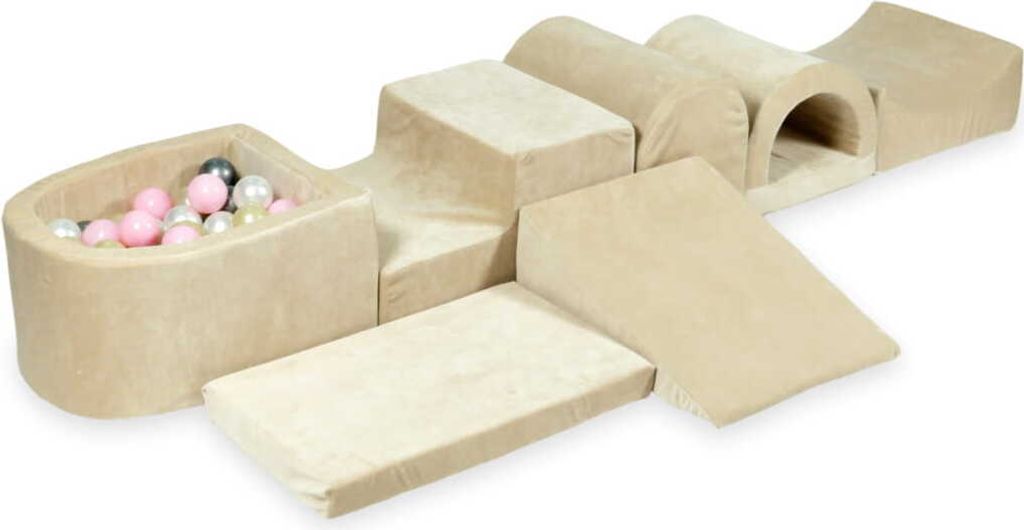 Größtes Schaumstoff-Spielset mit Mikro-Bällepool – samtweiches Beige mit Bällebadbällen 100 Stück / Hellrosa, Hellgold, Perlmutt, Silber