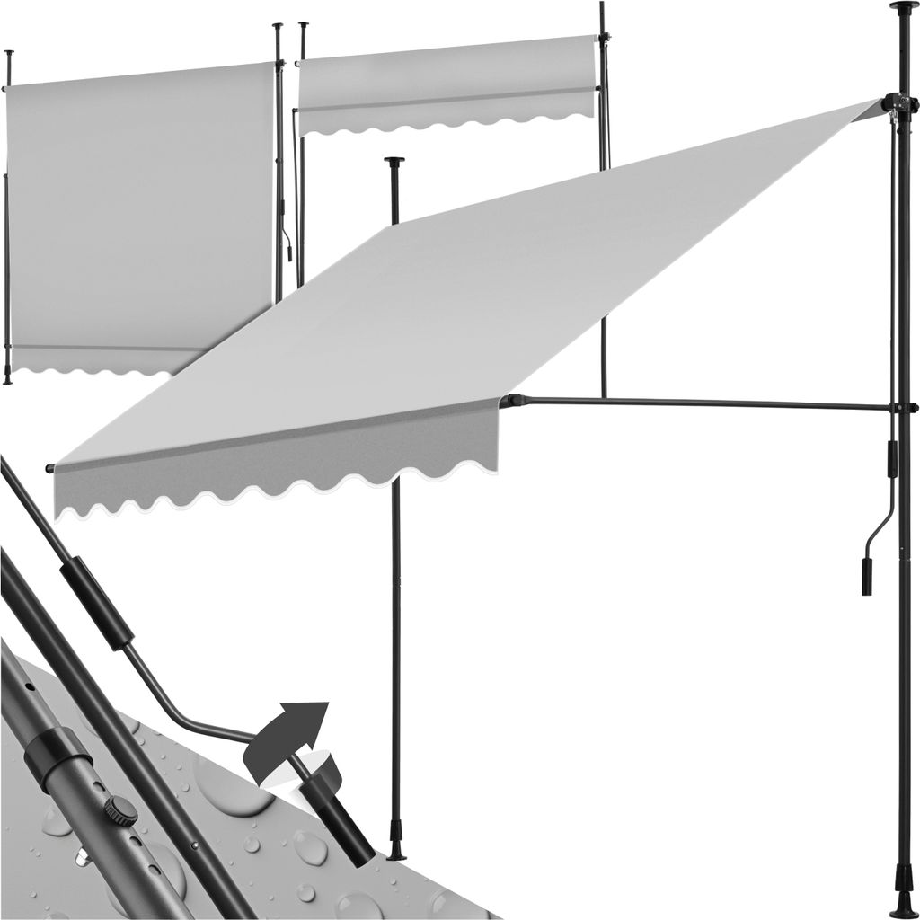 Multiple awnings are shown in different states of extension, with a close-up of the crank mechanism.