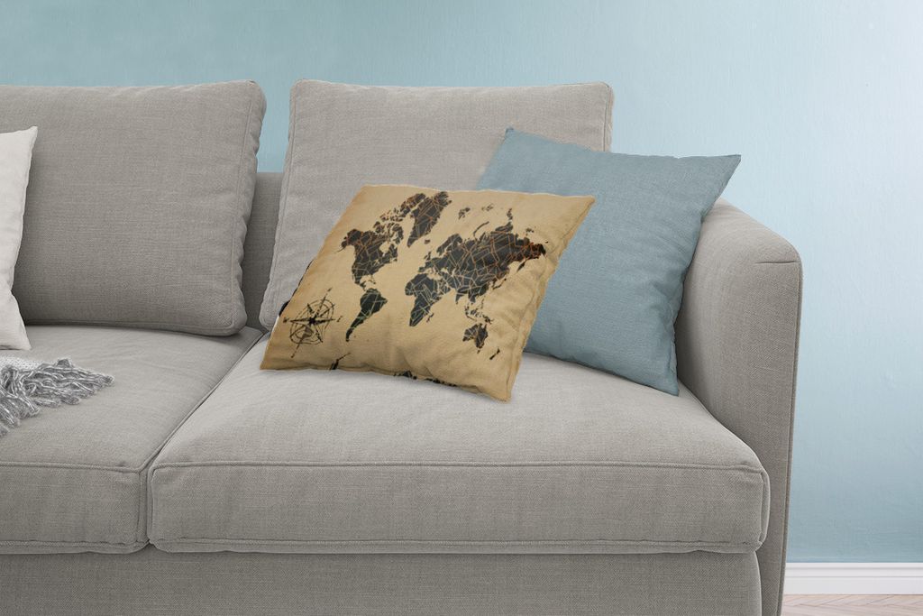 MuchoWow Zierkissen Sofakissen Wohnzimmer Dekokissen 60x40 cm Weltkarte - Vintage - Kompassrose - Kopfkissen - Polster mit Foto
