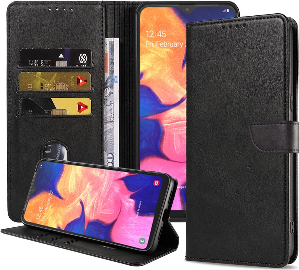 Passend für Samsung Galaxy A10 Handytasche Kunstleder mit magnetischer Lippe und Kartenhalter Buchhülle mit Klappe - Schwarz - Smartphonics