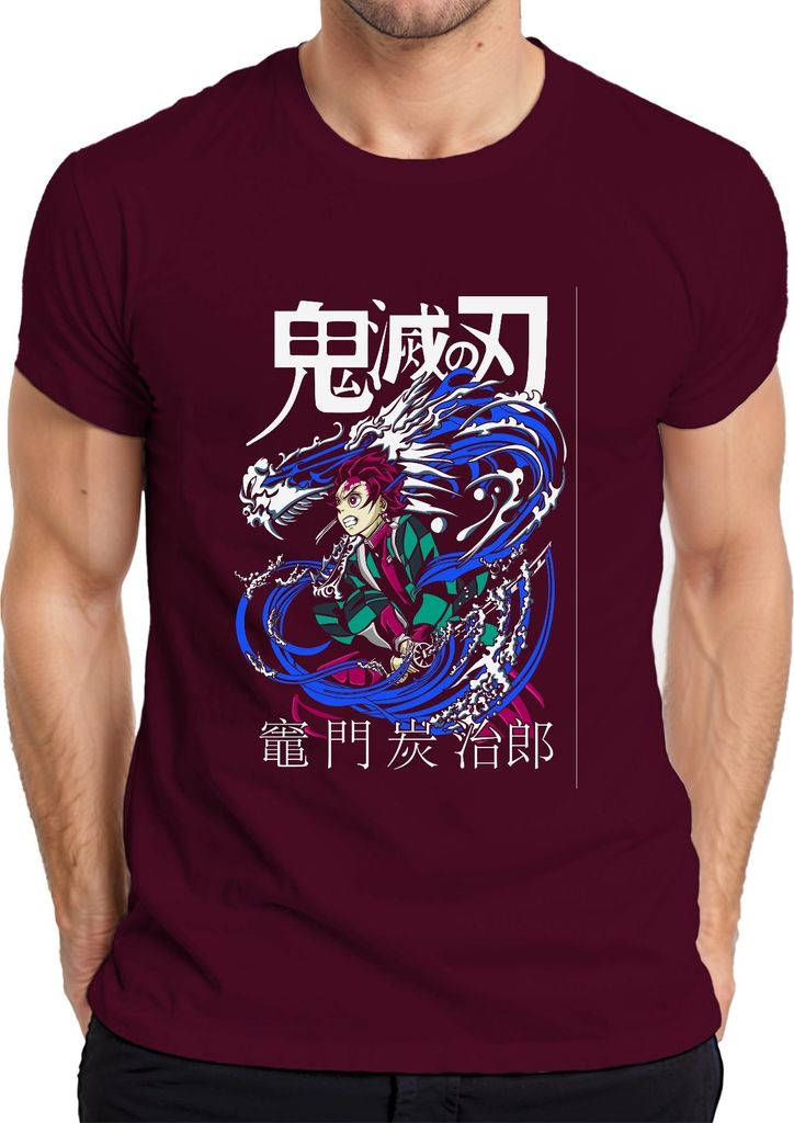 Demon Slayer Tanjiro Kamado Wasserdrache Anime Geschenk Japan Y2K Streetwear Herren T-Shirt, Burgundy, M