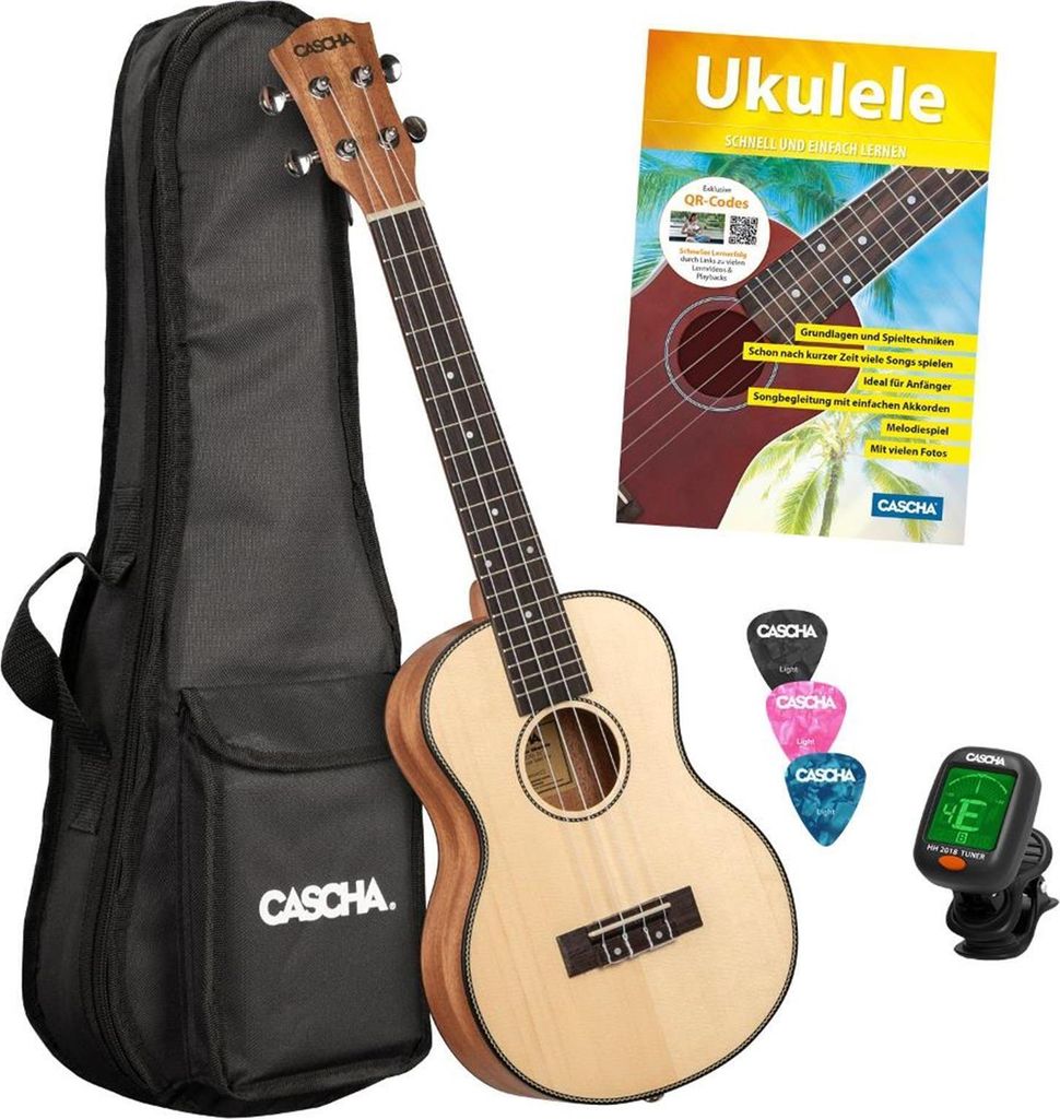 Cascha HH2155 Solid Top Tenor Ukulele Bundle +Tasche+Lehrbuch+Stimmgerät+3xPlek