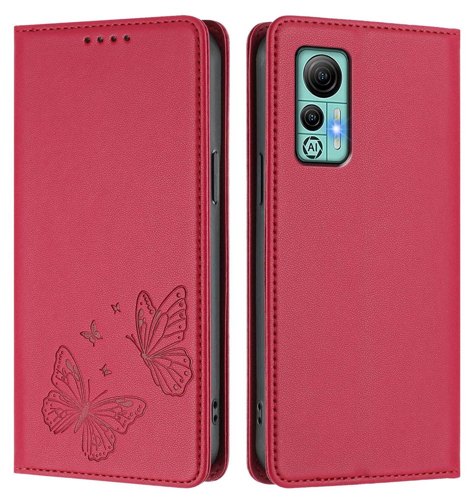 Lederhülle für Ulefone Note 14, Schmetterling Prägung Leder Brieftasche Schutzhülle mit Ständer Rot