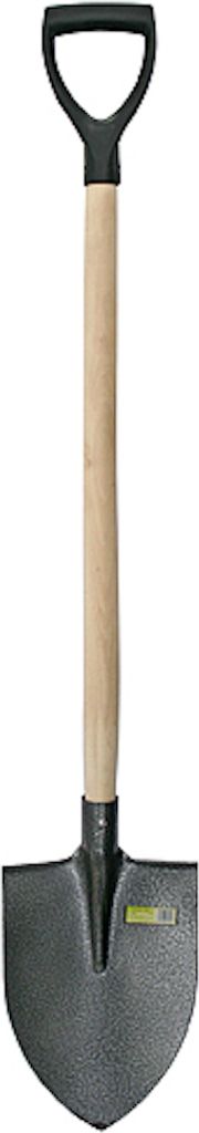 A shovel with a wooden handle and a black metal head is shown against a white background.