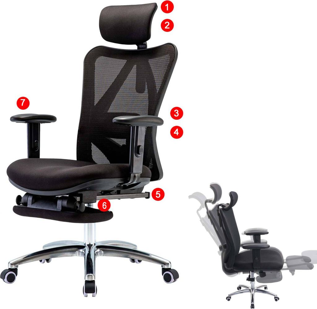 SIHOO Bürostuhl Schreibtischstuhl, ergonomisch, verstellbare Lordosenstütze, 150kg belastbar mit Fußstütze, schwarz