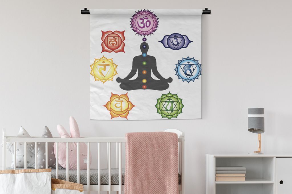 MuchoWow Wandteppich Wandbehang Sieben Chakren um eine meditierende Silhouette 90x90 cm Tapisserie Dekoration Wandtuch - Wandaufhänger