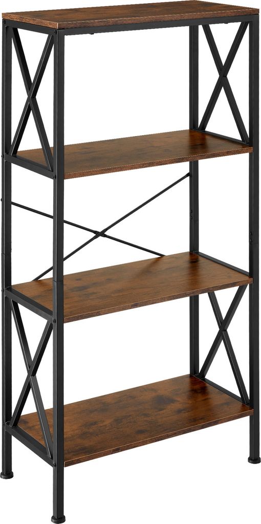 A four-shelf bookcase with a metal frame and wooden shelves.