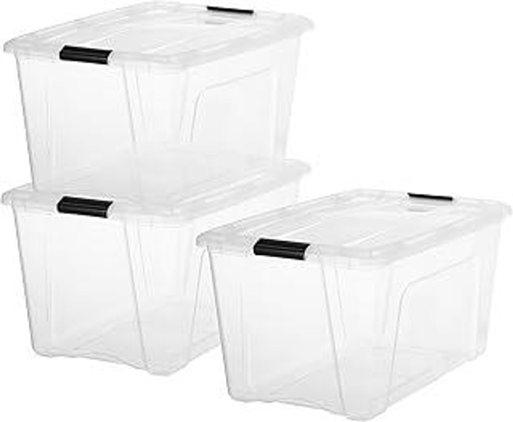 Iris Ohyama, Kunststoff-Aufbewahrungsbox mit Deckel, 45L, 3er-Set, Transparent, 98% recycelter Kunststoff, Verschlussclips, Griff, Stapelbar, Fürs...