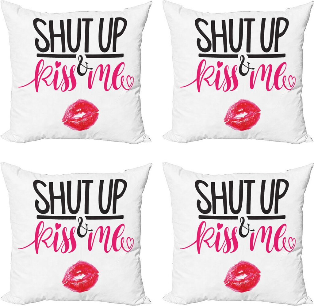 ABAKUHAUS Liebe Kissenbezug Set (4 Stück), Lippenstift-Fleck-Beschriftung, Moderner Doppelseitiger Digitaldruck, 50 cm x 50 cm, Rosa-Pink und Schwarz