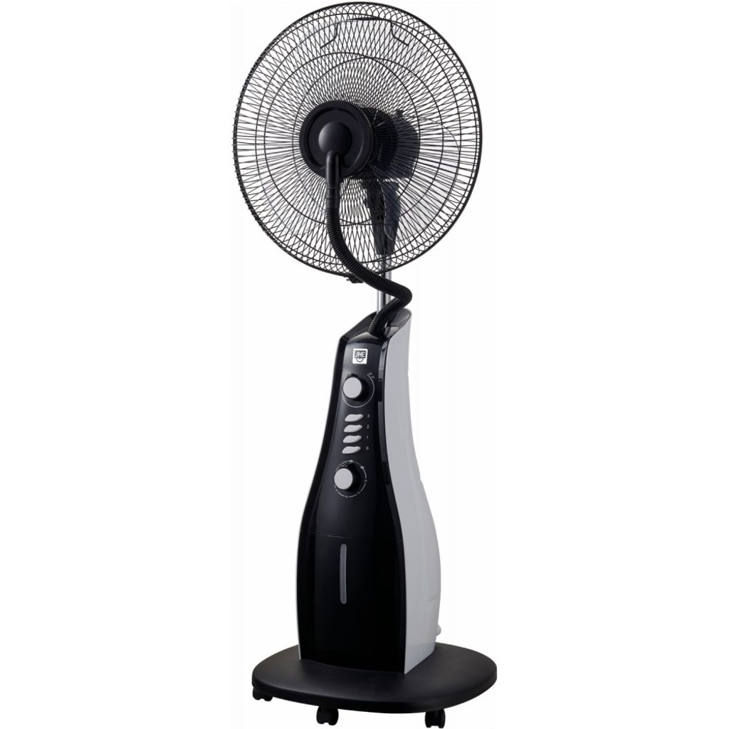 A black and white stand fan with a misting function against a white background.