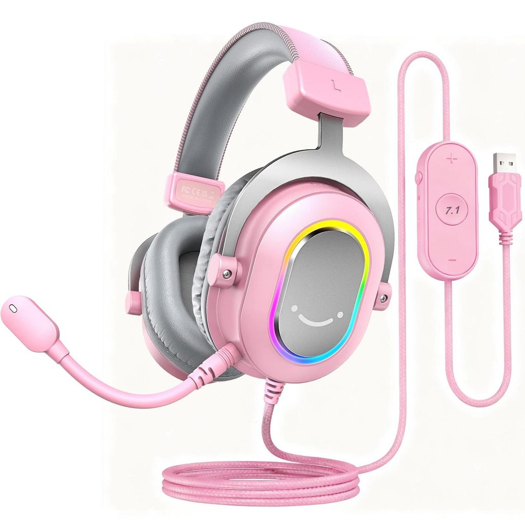 FIFINE Gaming Headset mit Mikrofon Over Ear Kopfhörer mit Kabel USB Headset, Rosa