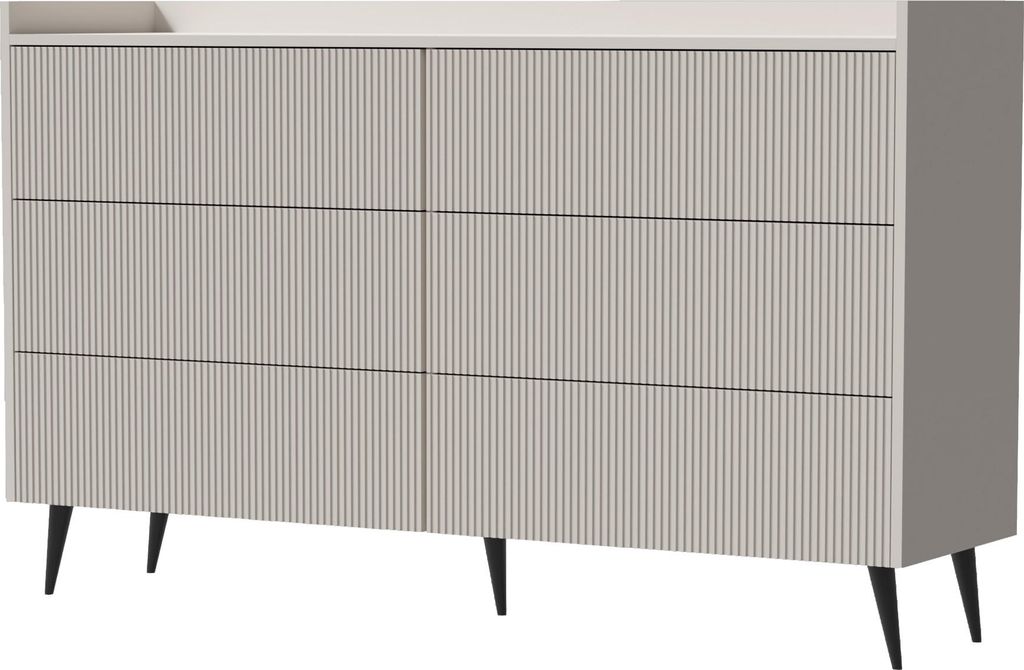 Kommode 150 cm mit Rillenfronten & 6 Push-to-Open Schubladen – Wohnzimmerschrank Buffet Sideboard mit Stauraum, hohe Metallfüße, Beige Kaschmir...