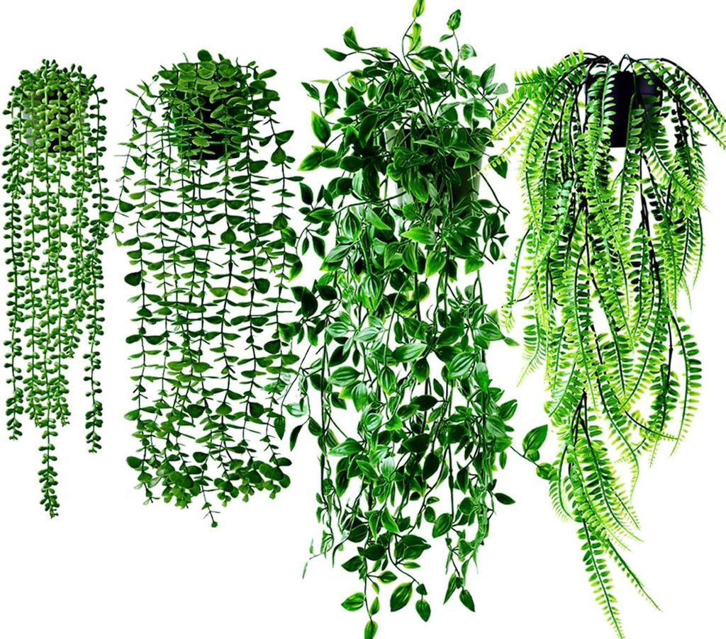 4 Stück Künstliche Hängepflanzen mit Töpfen, Künstliche Pflanzen Rebe Kunstpflanzen hängend Plastik Hängepflanzen für Startseite Wand Regal...
