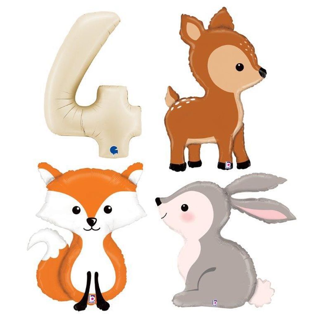 Grabo Ballon-Set zum 4. Geburtstag mit Waldtieren, bestehend aus einer cremefarbenen 4 und Waldtieren – Fuchs, Reh und Hase. Hergestellt in Itali...