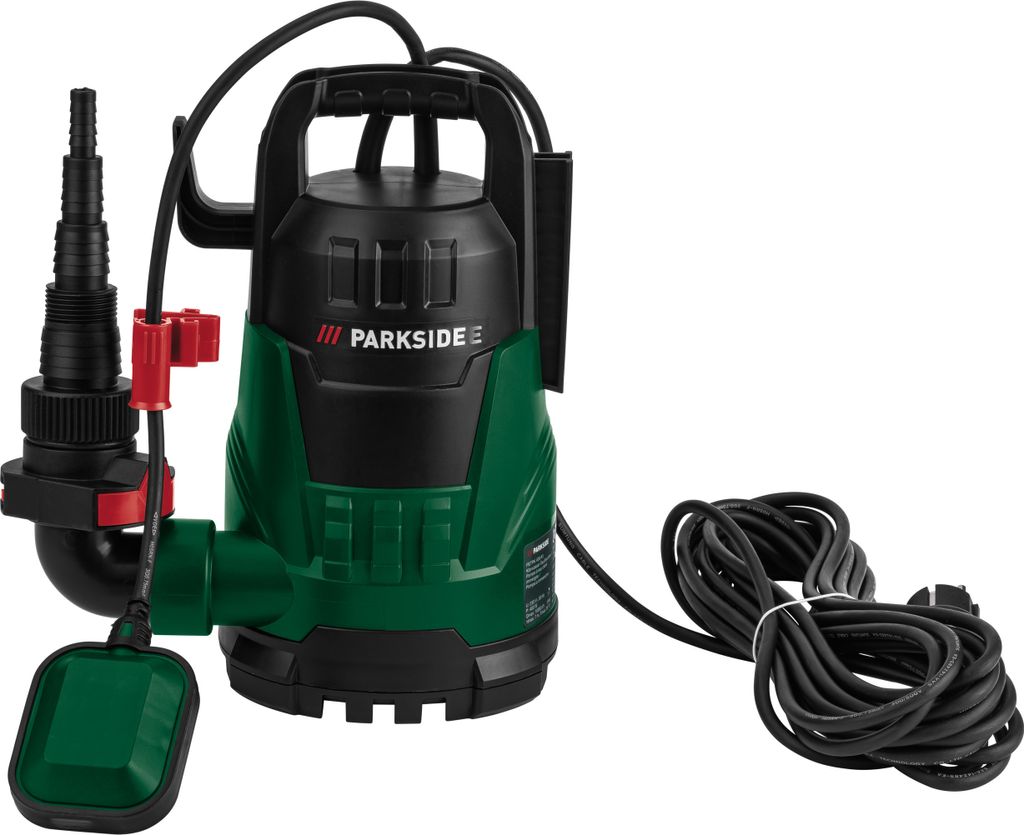 A submersible pump with a float switch and power cord, presented against a white background.
