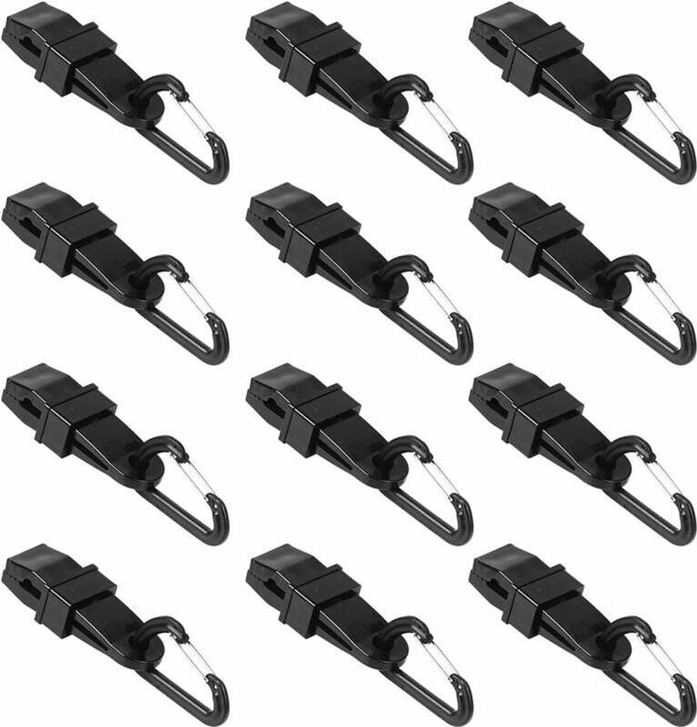 12er-Set Planenklammern mit schwarzem D-Karabiner zum Befestigen von Planen für Zelte, Poolplanen, Bergklammern, Zurrgurte, geeignet für Camping,...