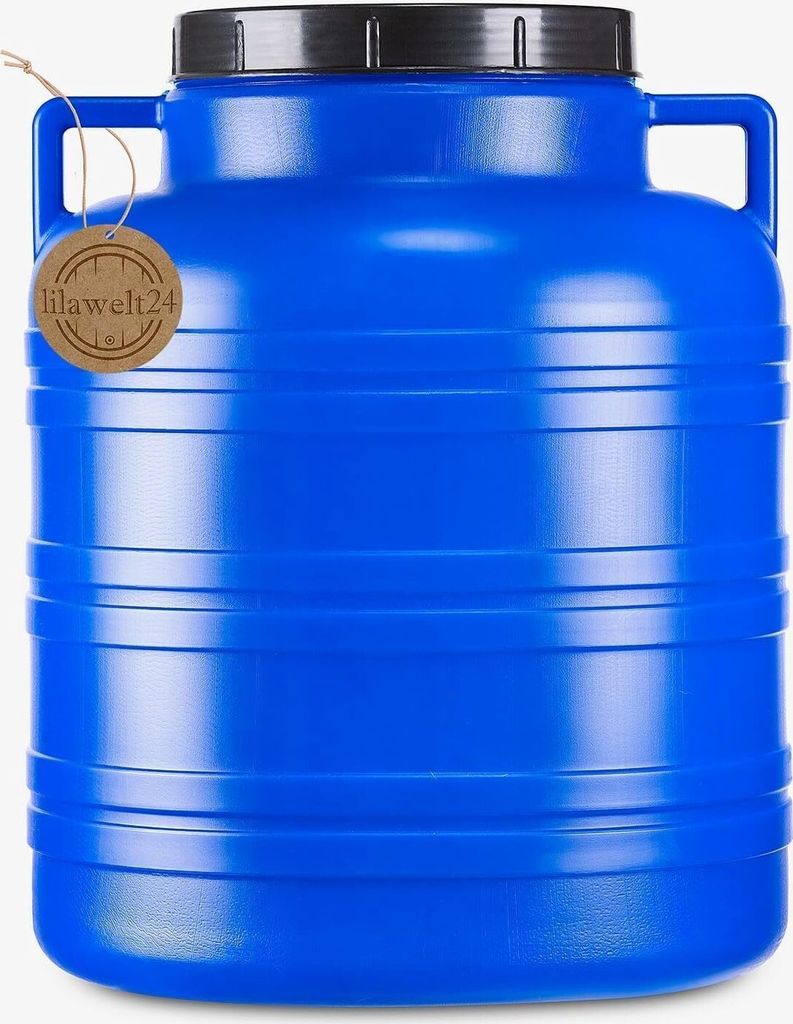 A blue plastic fermentation barrel with a black lid and two handles, with a small circular tag hanging from one handle.