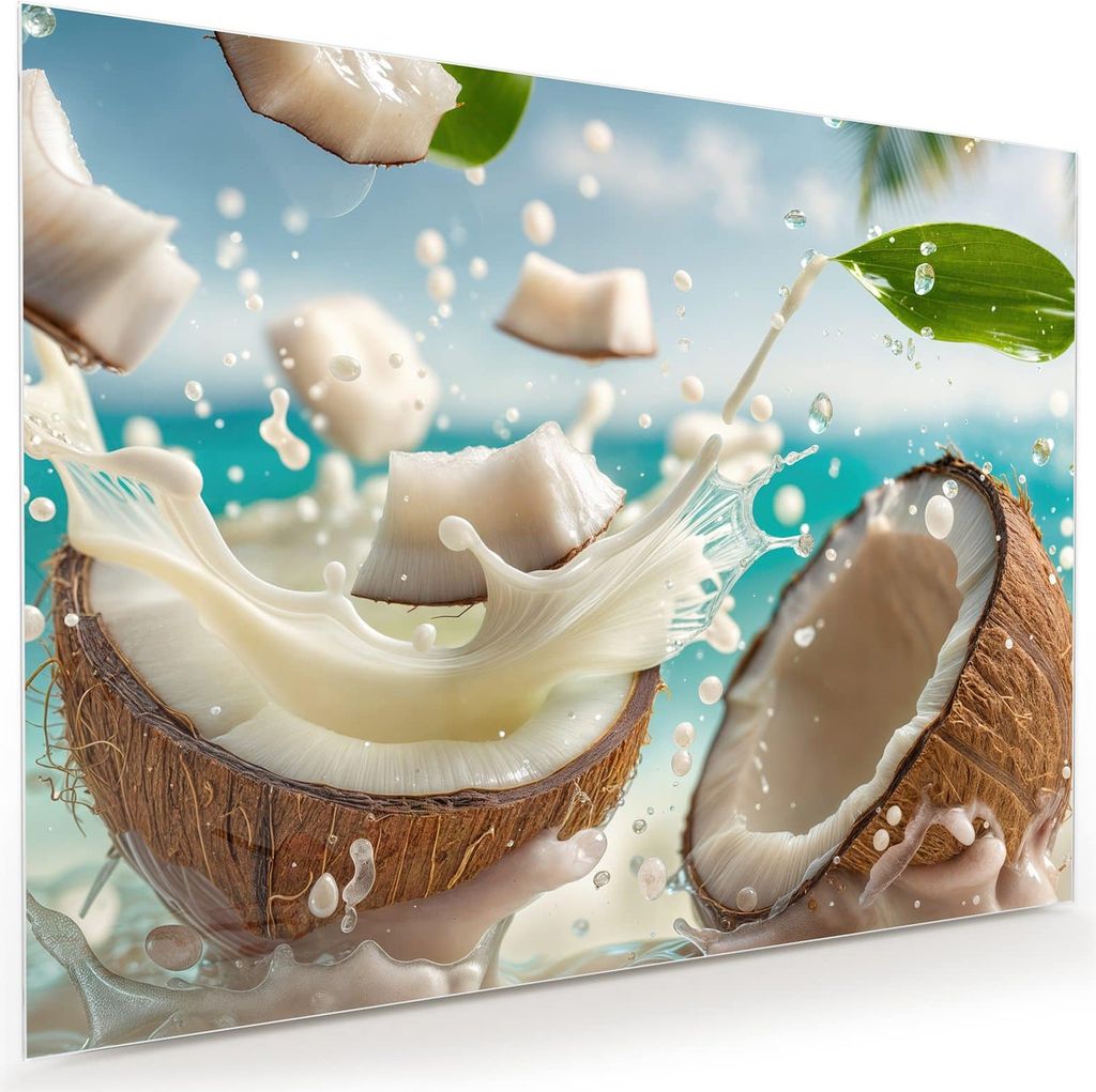 Glasbild 120x90cm in XXL für Wohnzimmer, Schlafzimmer Motiv Kokosnuss Splash