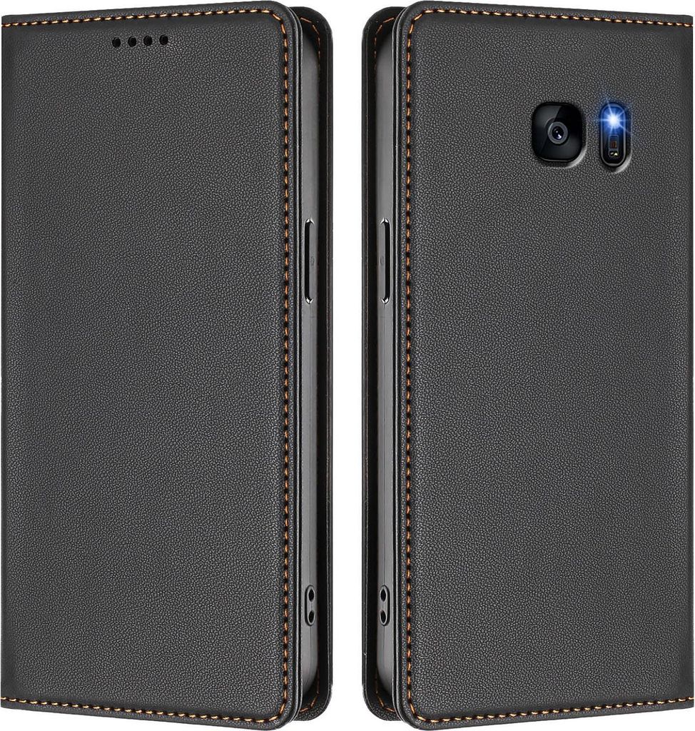 Handyhülle für Samsung Galaxy S7 Edge, Kunstleder Klapphülle Stoßfeste Magnetische Hülle mit Ständer Schwarz