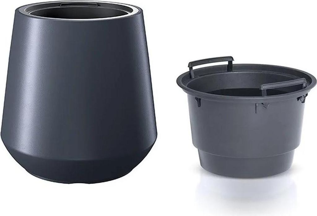A dark gray planter and a dark gray inner pot are shown side-by-side on a white background.