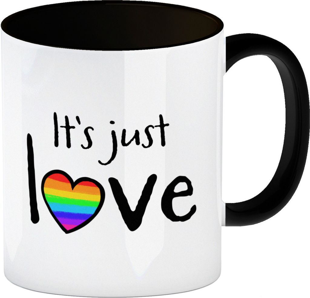 It's just love Kaffeebecher Schwarz mit Herz in Regenbogenfarben