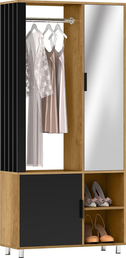 Garderobenschrank mit Spiegel, offenen Fächern und Kleiderstange, 80x30x170 cm, Natur - Latten-Design - Vitrinentüren - inkl. Anti-Kipp-System