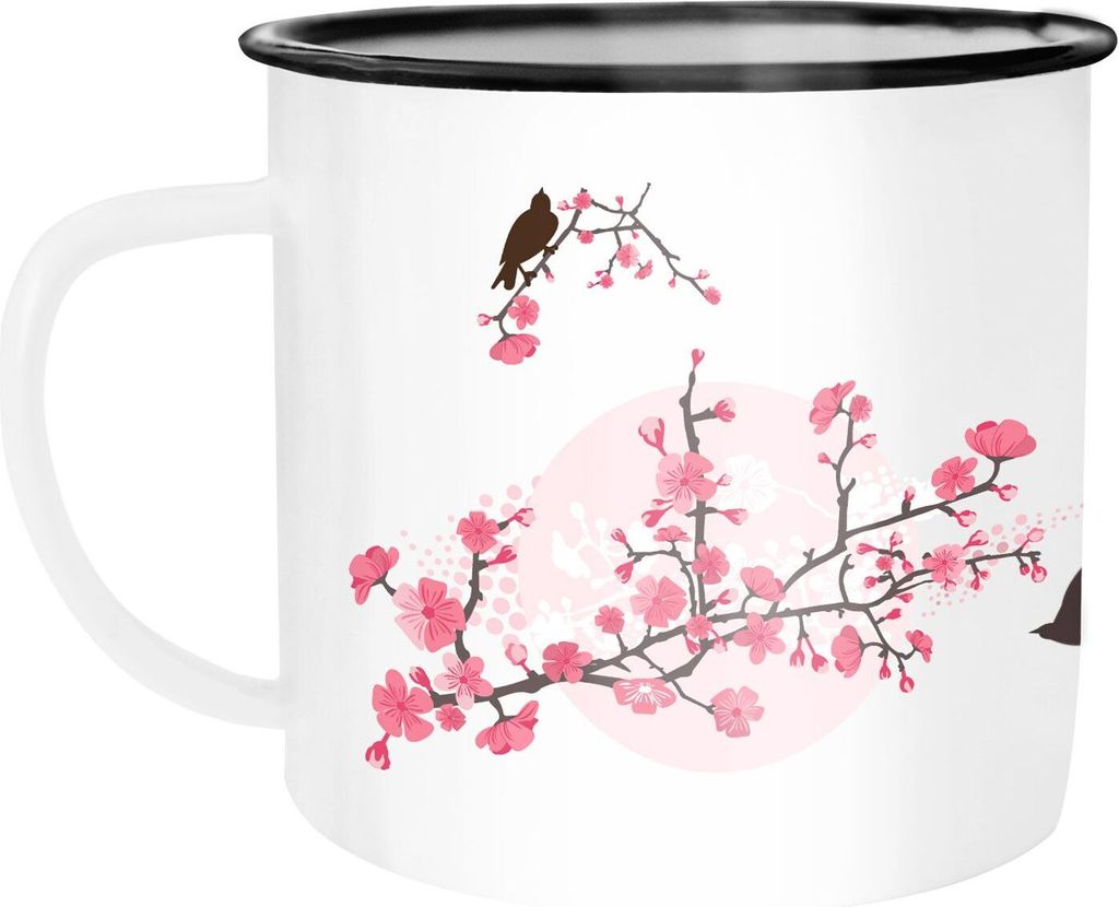Emaille Tasse Becher Kirschblüten Vögel Vogel Blumen Blüten Flower Cherry Tree Birds Kaffeetasse Autiga weiß-schwarz unisize