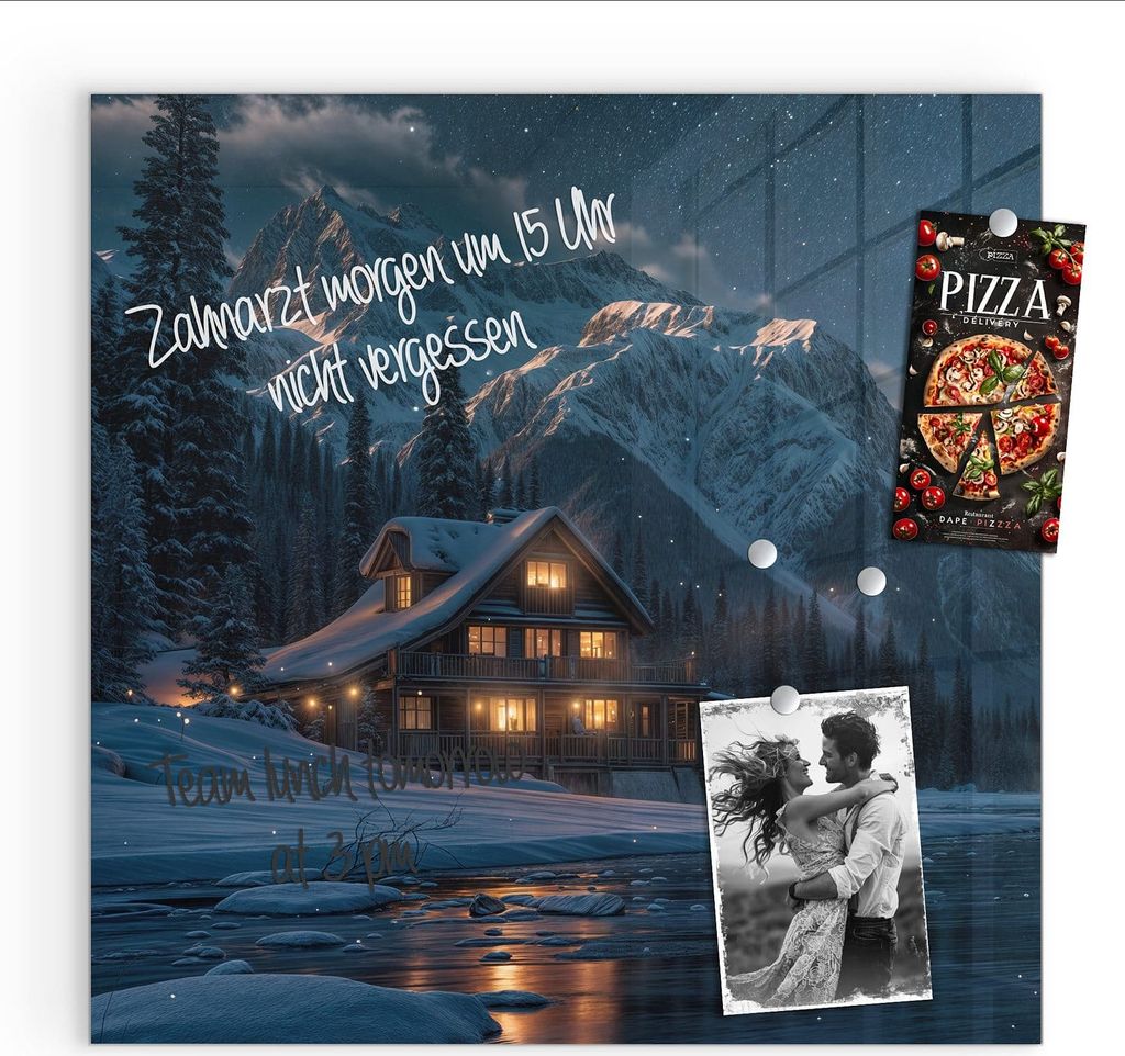 Magnettafel 50x50cm Pinnwand Whiteboard beschreibbar - Berghütte im Winter