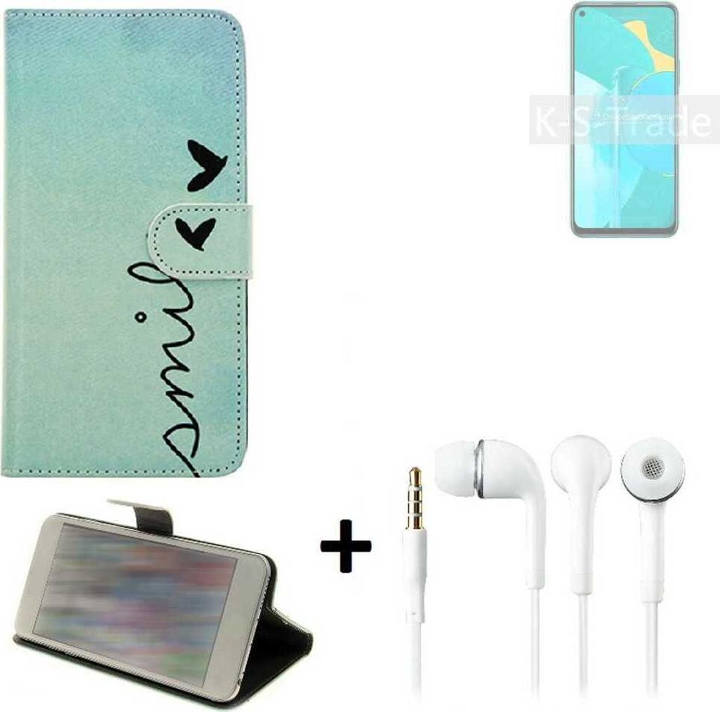 K-S-Trade Schutz Hülle Handy Hülle kompatibel mit Huawei Honor 30S 360° Wallet Case Schutz Hülle ''smile'' inkl. Ohrstöpsel Smartphone cover