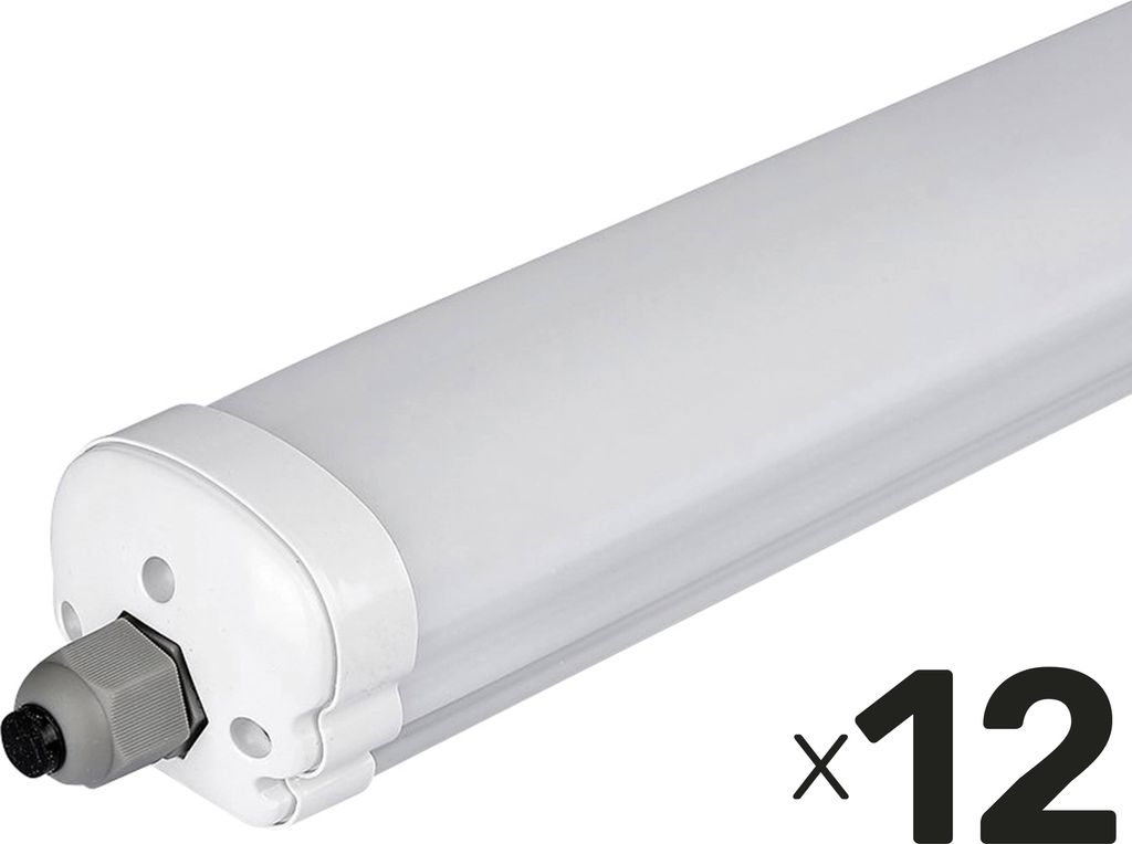 A white LED light fixture with a gray connector on a white background.