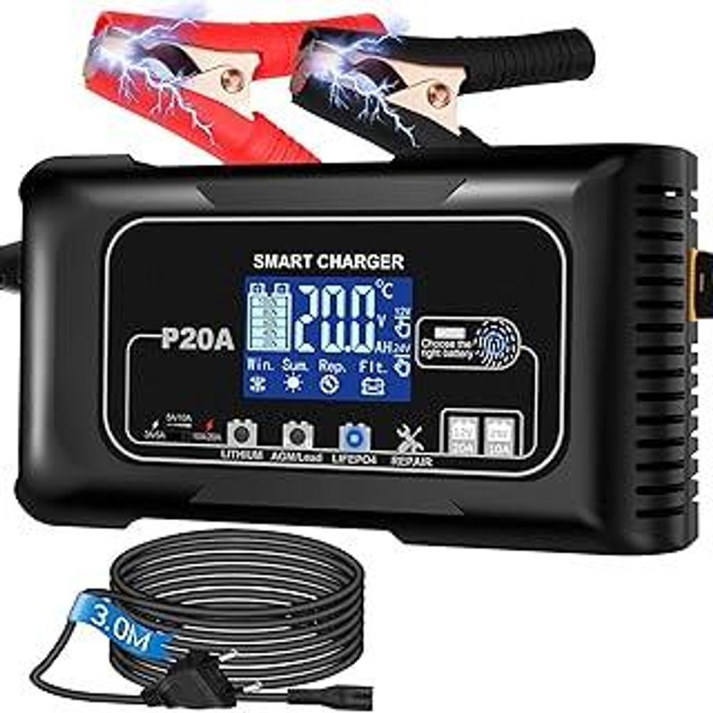 20A Autobatterie Ladegerät 12V/24V mit Ladegerät für LiFePO4 & Blei-Säure-Batterien (AGM, Gel, MF, EFB, SLA usw), Erhaltungsladung, Desulfator,...