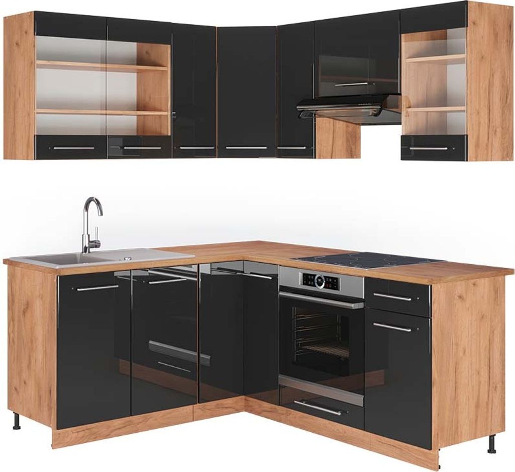 Eckküche Vicco Fame-Line Anthrazit Hochglanz/Goldkraft Eiche 190 x 60 cm , AP Eiche, Model 42789