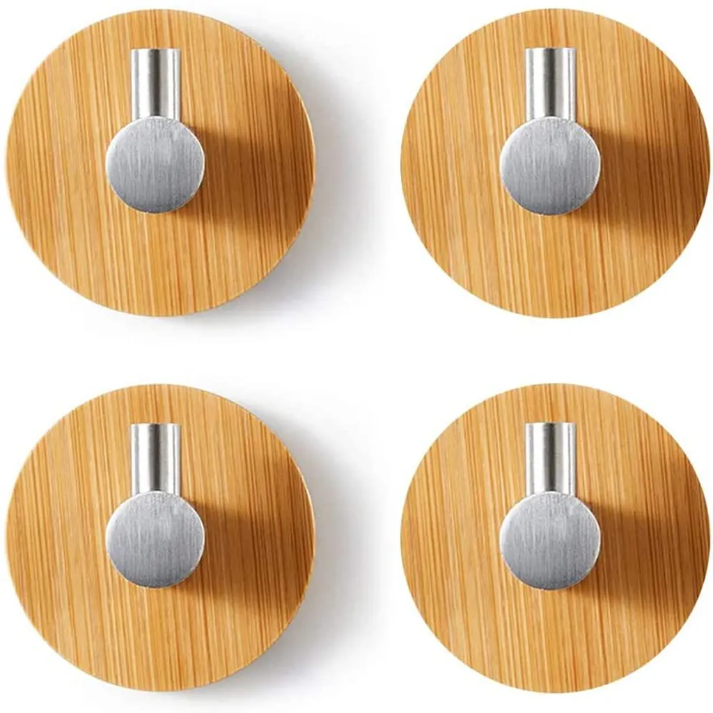 Patères adhésives en bois de bambou pour salle de bain et cuisine x4