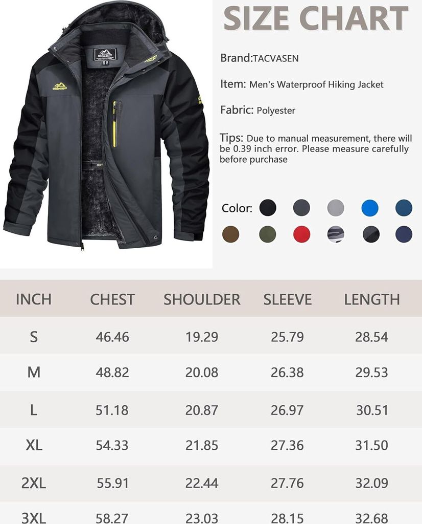 Herren Winterjacke Warm - Outdoor Wanderjacke Bis 9XL In Schwarz