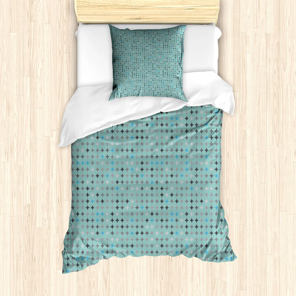 ABAKUHAUS Set copripiumino geometrico per letti singoli, motivo rotondo moderno, antiacaro, adatto a chi soffre di allergie, con federa, 135 cm x 200 cm - 80 x 80 cm, multicolore verde acqua