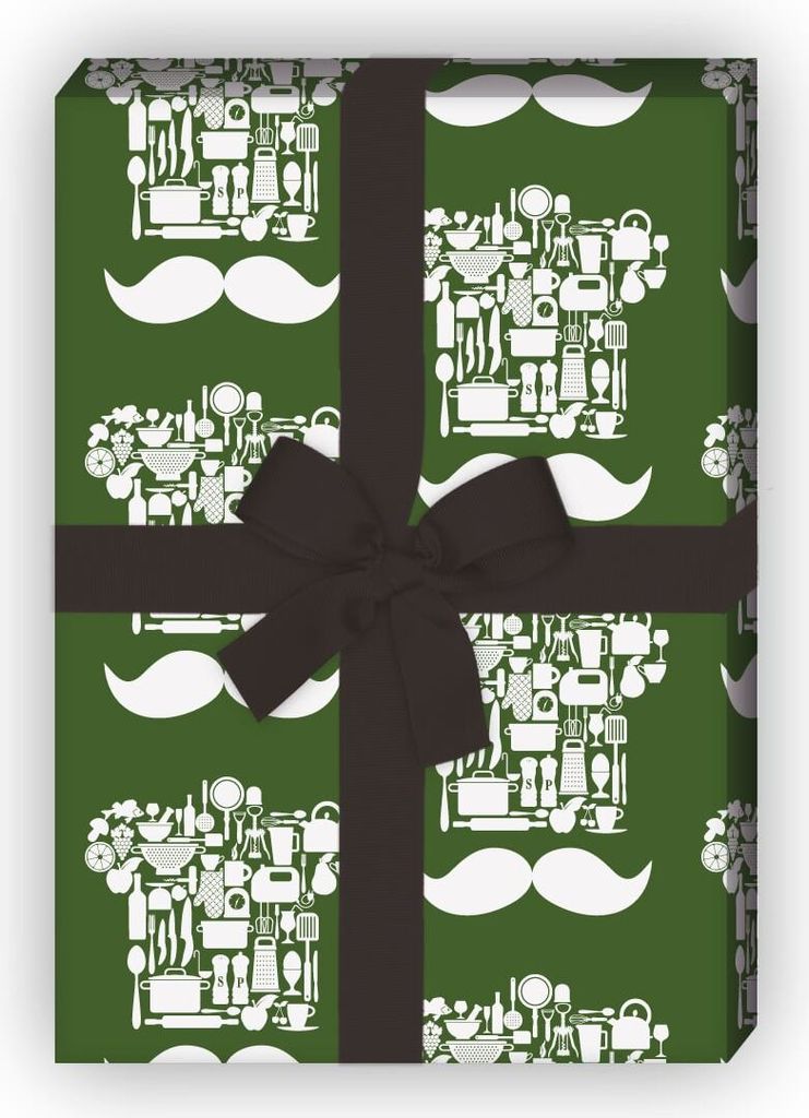 Schickes Kochmützen Geschenkpapier mit Moustache auf grün - G7569, 32 x 48cm