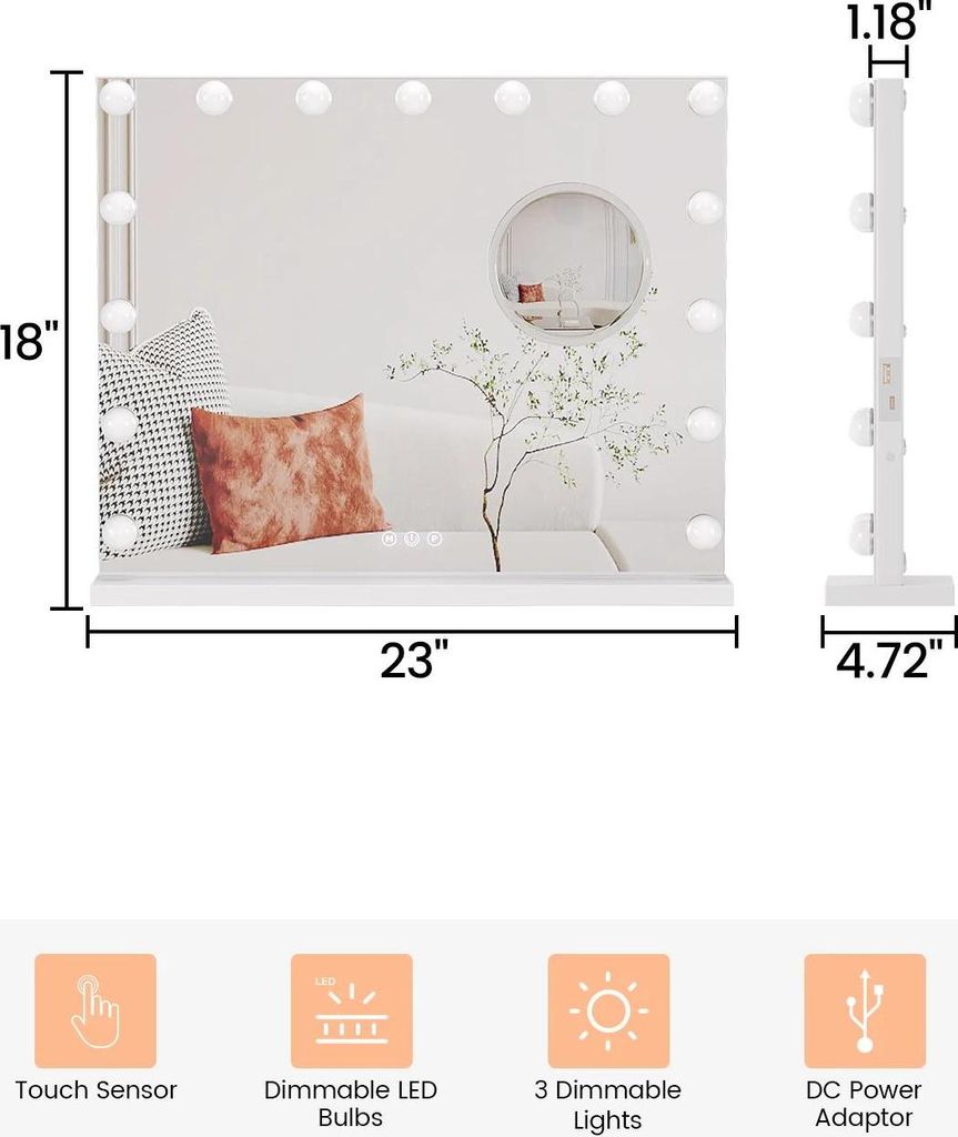 Schminkspiegel mit Beleuchtung - Kosmetikspiegel - 15 LED-Lampen - Dimmbar - 3 Farbmodi - Touch-Steuerung - 3x Vergrößerung