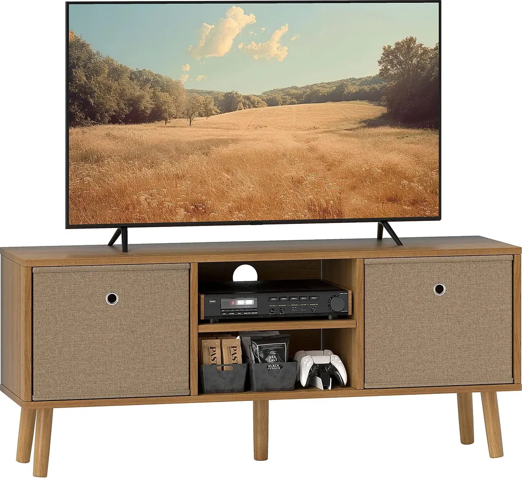 Meuble TV en Bois Marron 110 cm avec 2 Tiroirs en Tissu et Passe-câbles
