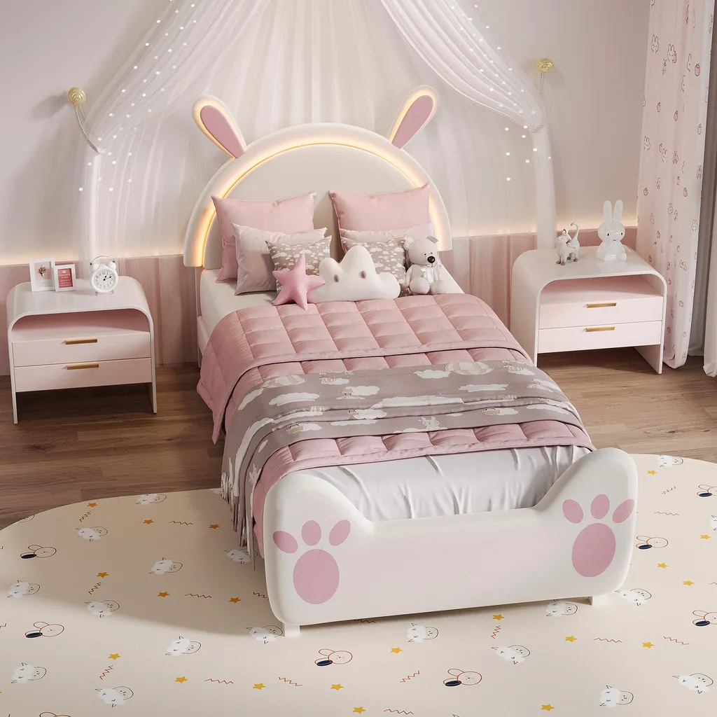 Lit cabane lapin 90x200 en tissu avec ruban LED décoratif pour enfant