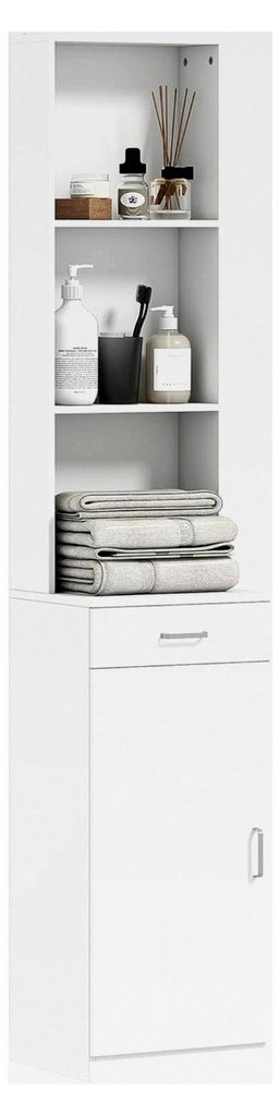 Hochschrank für das Badezimmer, schmal mit Schublade, Tür und verstellbaren Regalen, für Badezimmer und Wohnzimmer 35 x 30,5 x 179 cm Weiß