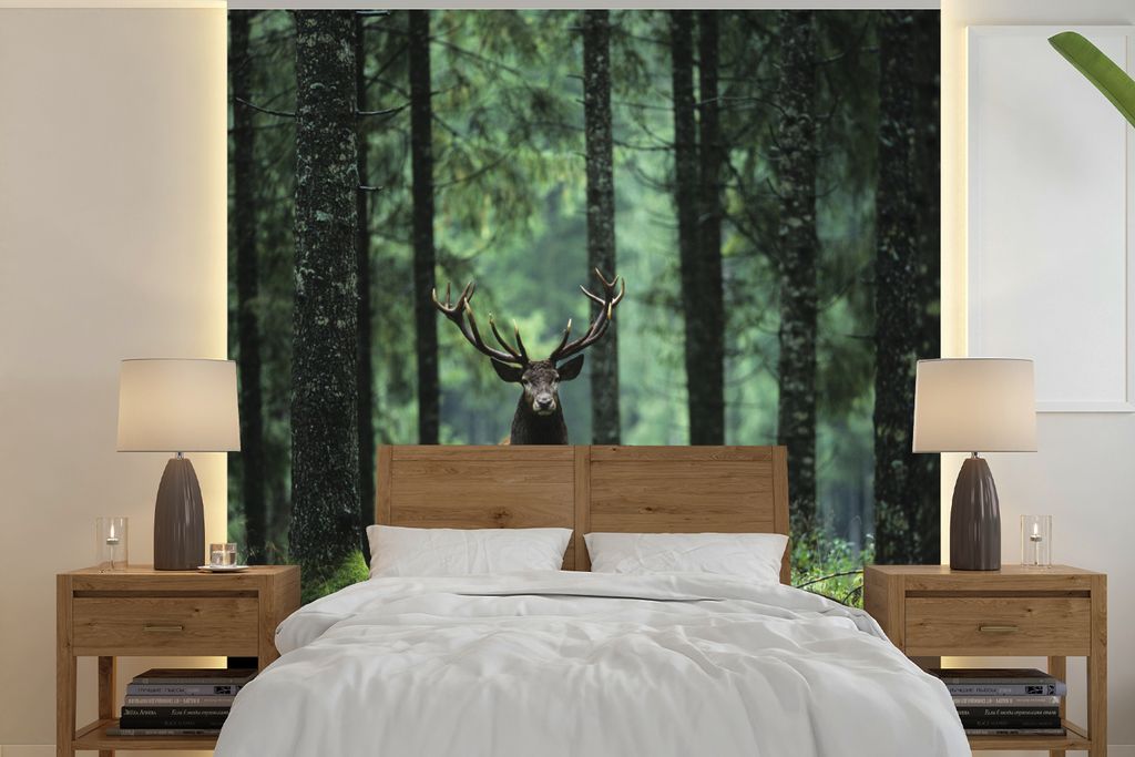 MuchoWow Fototapete für Wohnzimmer oder Schlafzimmer Wandtapete Vinyl Motivtapete Hirsche - Bäume - Geweihe - 220x220 cm - Tapeten