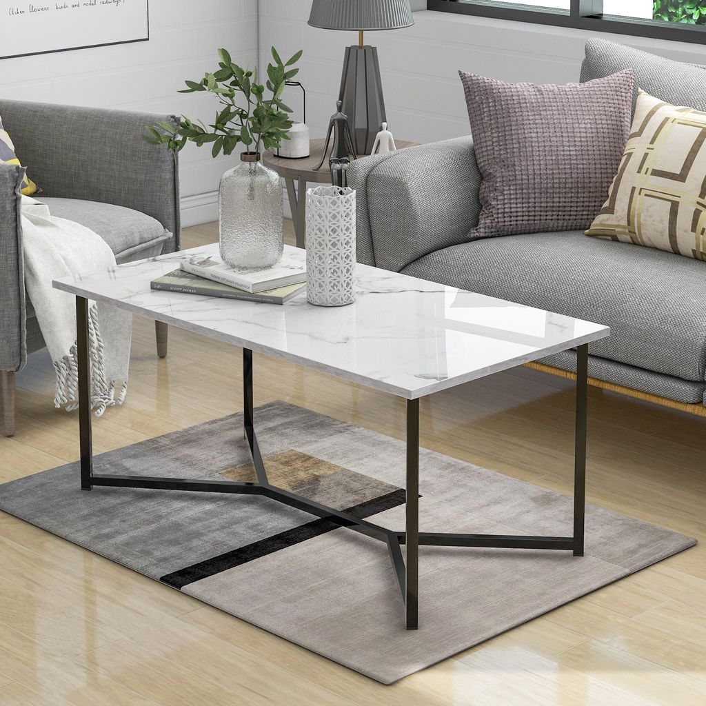OPULHAUS Couchtisch Modern Kaffeetisch mit Marmormuster Rechteckig 107x56 cm Sofa-Beistelltisch für Wohnzimmer und Schlafzimmer