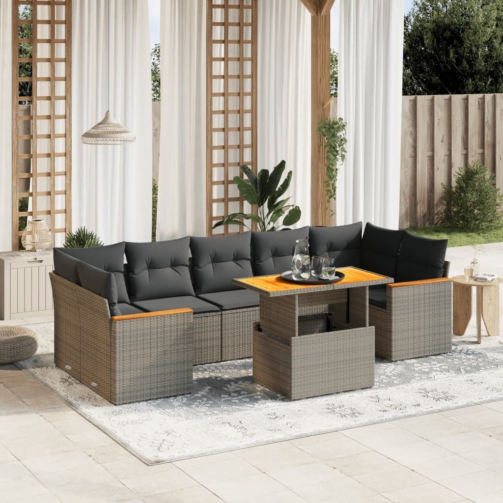 Design 8-tlg. Garten-Sofagarnitur mit Kissen Grau Poly Rattan, Gartenmöbel-Sets 2024 Neu