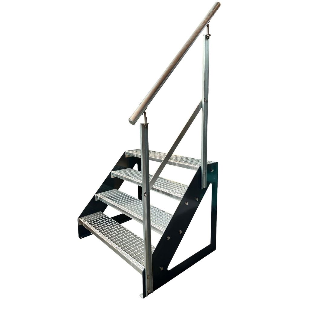 Freistehende Stahl- Wangen Treppe 4 Stufen und Geländer Verzinkt / Wangen Anthrazit / Geländer Rechts - (L x B x H) 82cm x 60cm x 76cm