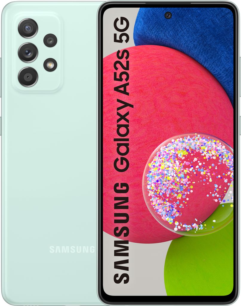 A Samsung Galaxy A52s 5G smartphone is shown from the front and side.