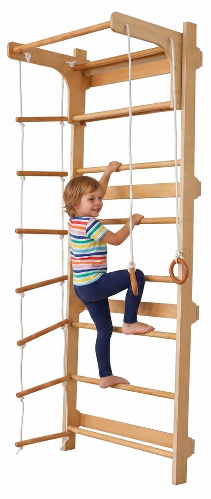 Relaxdays Sprossenwand, Kinder, Klimmzugstange, Kletterringe, Leiter, HxBxT: 215 x 80 x 57,5 cm, Kletterwand, natur