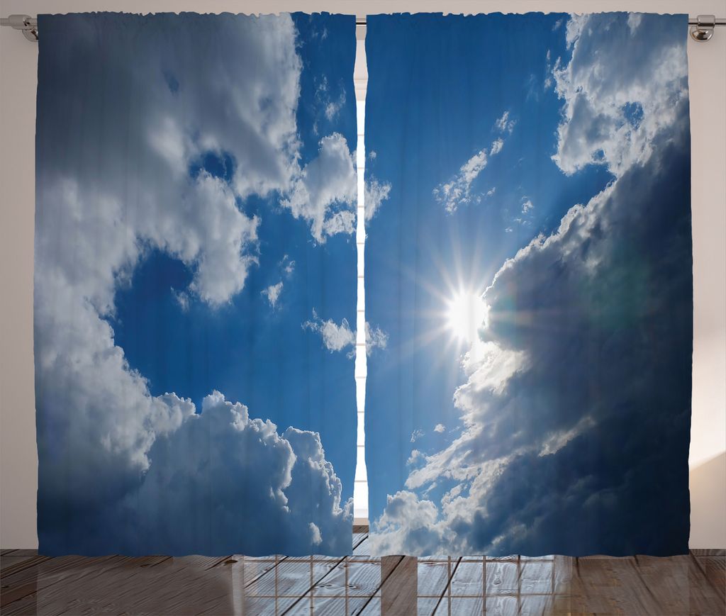 ABAKUHAUS Landschaft Rustikaler Gardine, Vibrierende Sun Clear Sky, Schlafzimmer Kräuselband Vorhang mit Schlaufen und Haken, 280 x 175 cm, Grau Blau