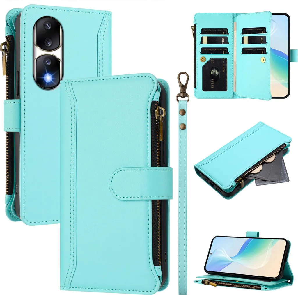 Custodia Honor 90 Pro Verde Menta con Cerniera e Portafoglio in Pelle